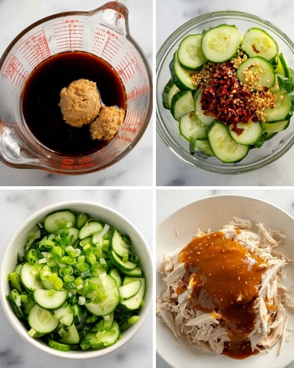 The image is a four-part collage showing different steps of making a dish, all placed on a white marbled surface. The first part shows a clear measuring cup filled with a dark soy sauce, a dollop of ginger paste, and a light brown sticky paste at the bottom. The second part shows the same measuring cup with added mustard seeds, chili flakes, and a dark red chili paste on top of the previous mixture. The third part displays a white bowl filled with neatly sliced green cucumber rounds, showing smooth textures and fresh colors. The fourth part shows shredded white chicken arranged in a mound over chopped green onions on a white plate, with a thick, rich-looking brown sauce poured fully over the chicken. Photo taken with an iphone --ar 4:5 --v 7