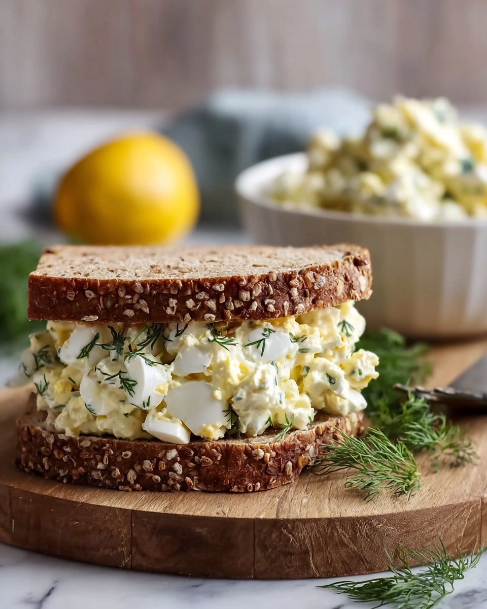 A sandwich is shown on a wooden board with two slices of brown seed bread on top and bottom. Between the bread slices, there is a thick layer of creamy egg salad with white and pale yellow chunks mixed with green dill herbs sprinkled throughout. To the right of the sandwich, there is some fresh dill. In the blurred background, there is a white bowl filled with more egg salad, and a whole lemon is visible. The scene is on a white marbled surface. photo taken with an iphone --ar 4:5 --v 7