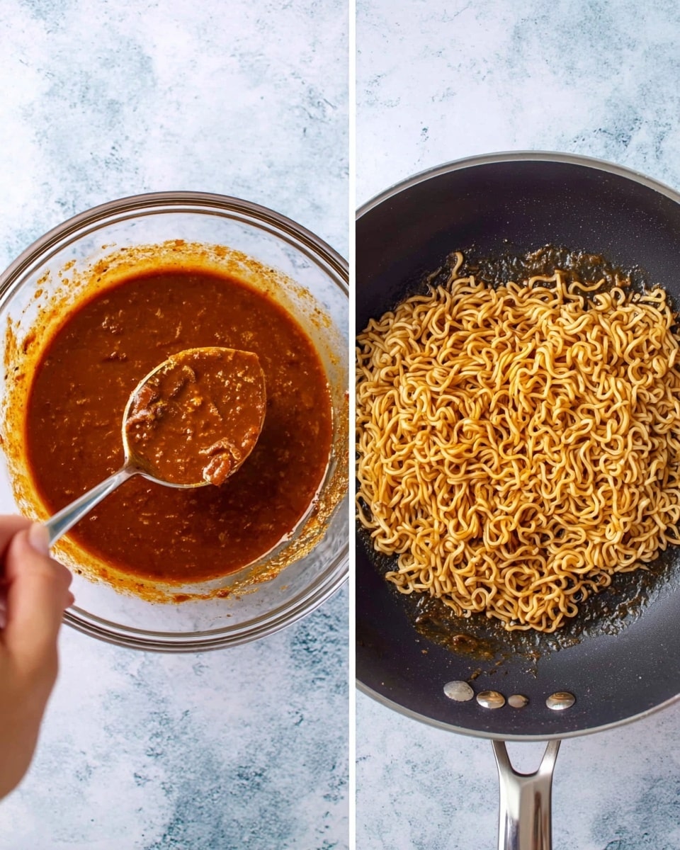 The image shows two parts side by side. On the left, there is a clear glass bowl with a thick reddish-brown sauce inside, with a metal spoon covered in the sauce held by a woman's hand. The bowl is placed on a white marbled surface. On the right, there is a black frying pan with cooked, golden-brown instant noodles clustered in the center with some sauce spread underneath on the pan's surface. The pan is resting on the same white marbled surface. Photo taken with an iphone --ar 4:5 --v 7