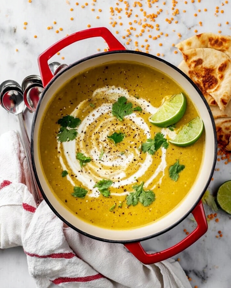 A white enamel pot with red handles is filled with thick yellow lentil soup, topped with a swirl of white cream, black pepper sprinkled lightly, and garnished with fresh green cilantro and two lime wedges placed on one side. The pot sits on a white marbled surface, surrounded by scattered lentils, cilantro leaves, and pieces of flatbread at the edge. A white cloth with a red stripe is casually placed nearby with three metal spoons resting on it, adding to the homey, fresh feel of the scene. Photo taken with an iphone --ar 4:5 --v 7