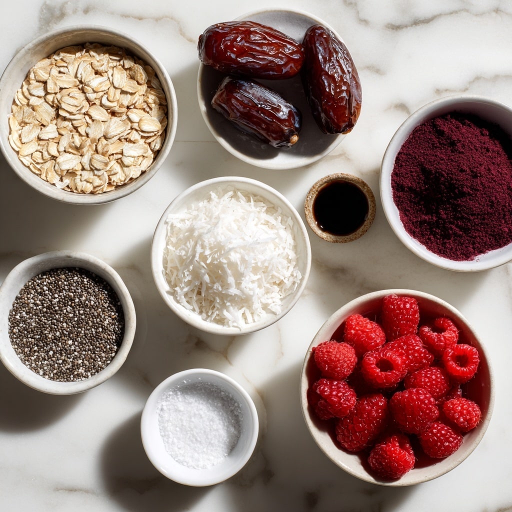 A white marbled surface holds eight small white round bowls arranged loosely. The top left bowl is filled with light beige oats, showing small flat grain pieces. To its right, a bowl holds several dark brown Medjool dates with shiny, wrinkled textures. Next in the top right corner is a tiny bowl containing a small amount of black vanilla extract. Below oats and dates but centered, a bowl is filled with off-white shredded coconut with a fluffy texture. To the left near the bottom, a bowl contains tiny oval chia seeds in a grayish shade. Next to chia seeds is a very small bowl with fine white salt crystals. To the right of salt, a larger bowl holds bright red raspberries with a rough, bumpy surface. On the far right, a small bowl with deep purple acai powder that looks like fine dust is placed. All bowls contrast clearly with the white marbled surface, with soft natural light highlighting each ingredient’s texture. photo taken with an iphone --ar 4:5 --v 7