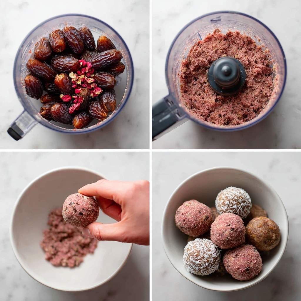 The image shows a sequence of four photos demonstrating how to make energy balls. The first photo has a clear food processor bowl filled with whole dark brown dates and some smaller dried red berries on top, all sitting on a white marbled surface. The second photo shows the inside of the food processor after blending, revealing a coarse, pinkish-brown mixture with a spoon inside, still on the same surface. The third photo features a woman’s hand holding a round ball of the mixture above the food processor bowl. The fourth photo displays a white bowl filled with several round energy balls; some are plain pinkish-brown, while others are coated with a white powdery substance, likely coconut or powdered sugar. Photo taken with an iphone --ar 4:5 --v 7