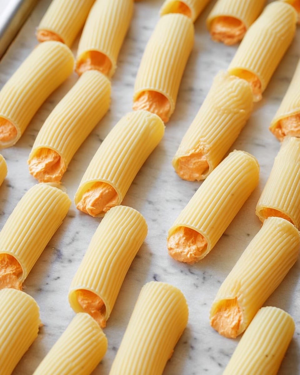 The image shows a baking tray lined with white parchment paper, filled with several uncooked rigatoni pasta shells arranged in neat rows. Each shell is pale yellow with ridged texture and is filled at both ends with a smooth, orange filling that looks creamy and dense. The shells have a firm, slightly glossy surface, and the filling contrasts brightly against the pale pasta, making the details clear. The background is a white marbled texture. photo taken with an iphone --ar 4:5 --v 7