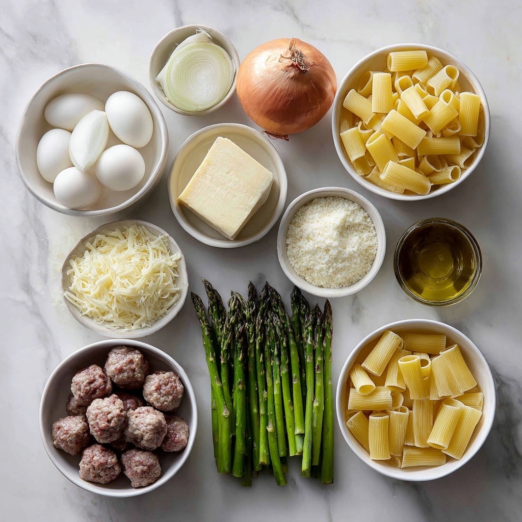 A close-up view of a blue pot filled with rigatoni pasta mixed with small pieces of cooked ground meat and sliced green vegetables, all coated in a light brown sauce. The pasta is spread evenly throughout the pot, showing its ridged texture, with green vegetable slices interspersed throughout. A large metal spoon is partially submerged in the pasta on the right side. The inside of the pot has some sauce splatters around the upper edges, and the background is dark with a soft brown surface. The pot sits on a white marbled texture with a green cloth partially visible at the bottom right. Photo taken with an iphone --ar 4:5 --v 7