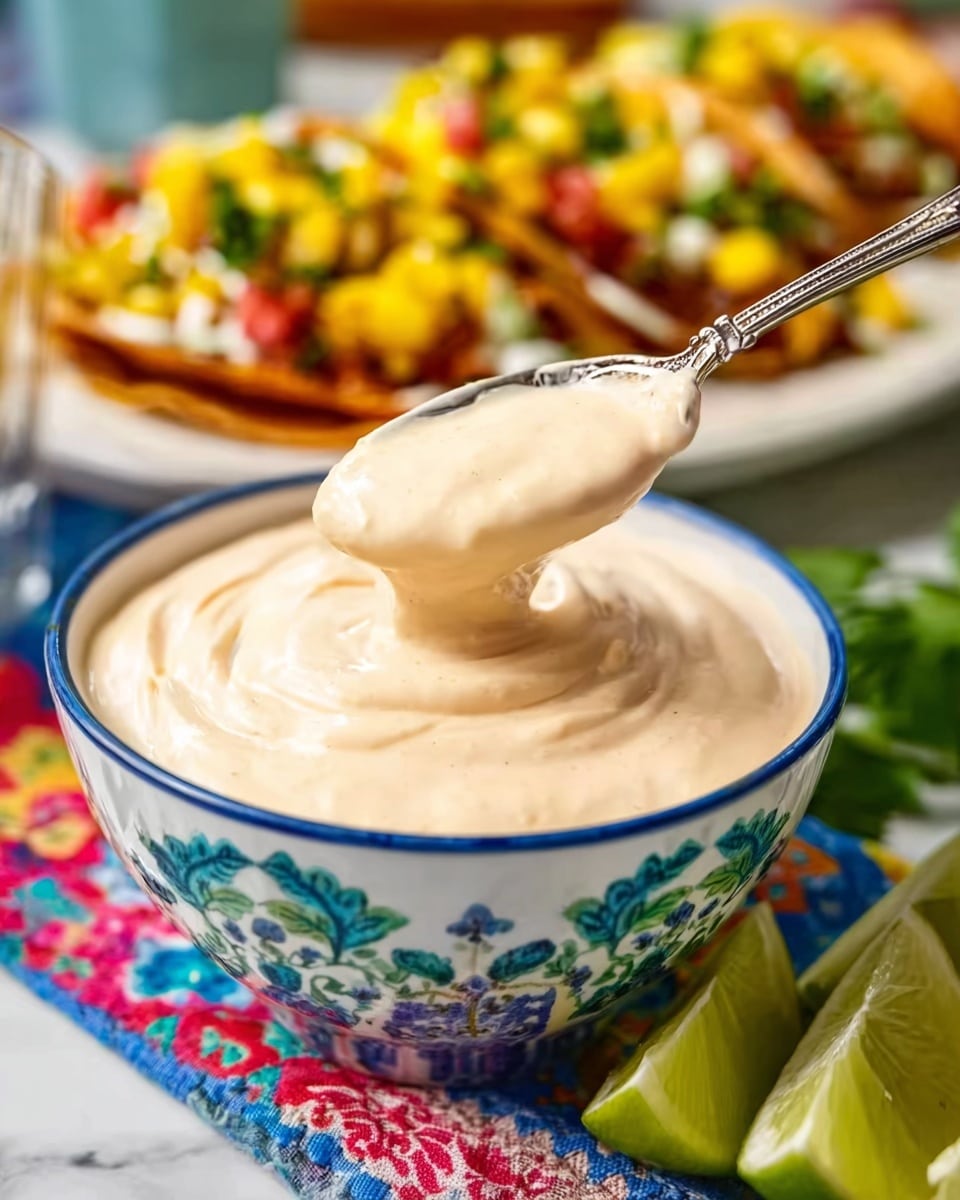 The image shows a thick creamy sauce with a light beige color in a shiny white bowl with blue and green floral designs. A silver spoon is held by a woman's hand, lifting some of the sauce, which looks smooth and fluffy. The bowl is placed on a colorful blue, red, and yellow patterned cloth, and some lime wedges are on the right side of the bowl on a white marbled surface. In the blurred background, there are white plates with tacos topped with bright yellow, red, and green diced ingredients. The lighting highlights the creamy texture and colors well. photo taken with an iphone --ar 4:5 --v 7