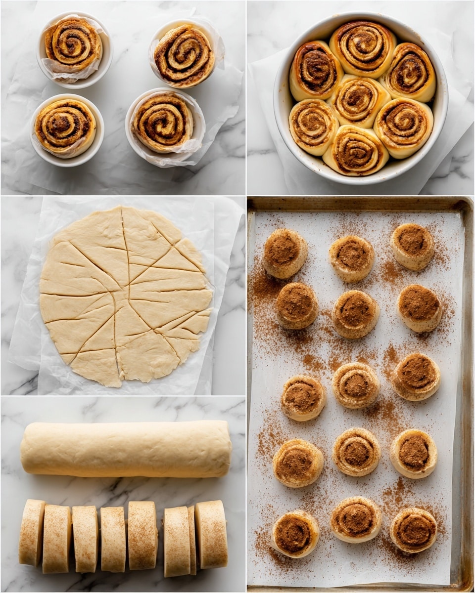 This image shows a slice of cake being lifted from a whole cake on a white plate, placed on a white marbled surface. The cake has two thick layers of light beige bread with visible swirls of cinnamon inside, separated and topped with a thick, smooth layer of white creamy frosting. The cake’s sides are covered with a thin, even layer of the same white frosting. Around the top edge of the cake are dollops of white whipped cream, each topped with a small, golden-brown rolled pastry resembling tiny cinnamon rolls. In the background, there are soft, blurred green leaves adding color contrast. Photo taken with an iphone --ar 4:5 --v 7
