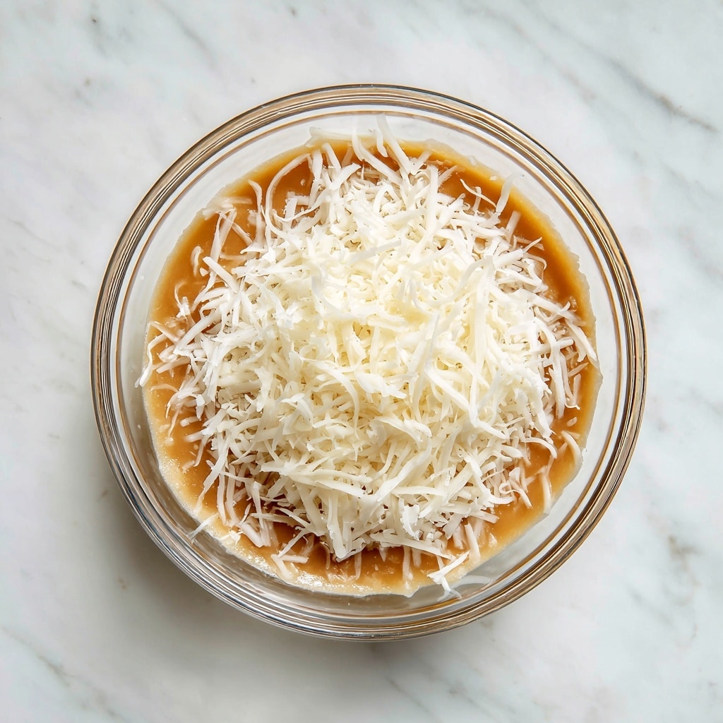 A clear glass bowl sits on a white marbled surface, filled with two visible layers: the bottom layer is a thick, light brown sauce, and the top layer is a generous pile of finely shredded white cheese, piled loosely with a soft texture. The bowl is viewed from above, showing the contrast between the sauce’s smooth surface and the grated cheese’s delicate strands. Photo taken with an iphone --ar 4:5 --v 7
