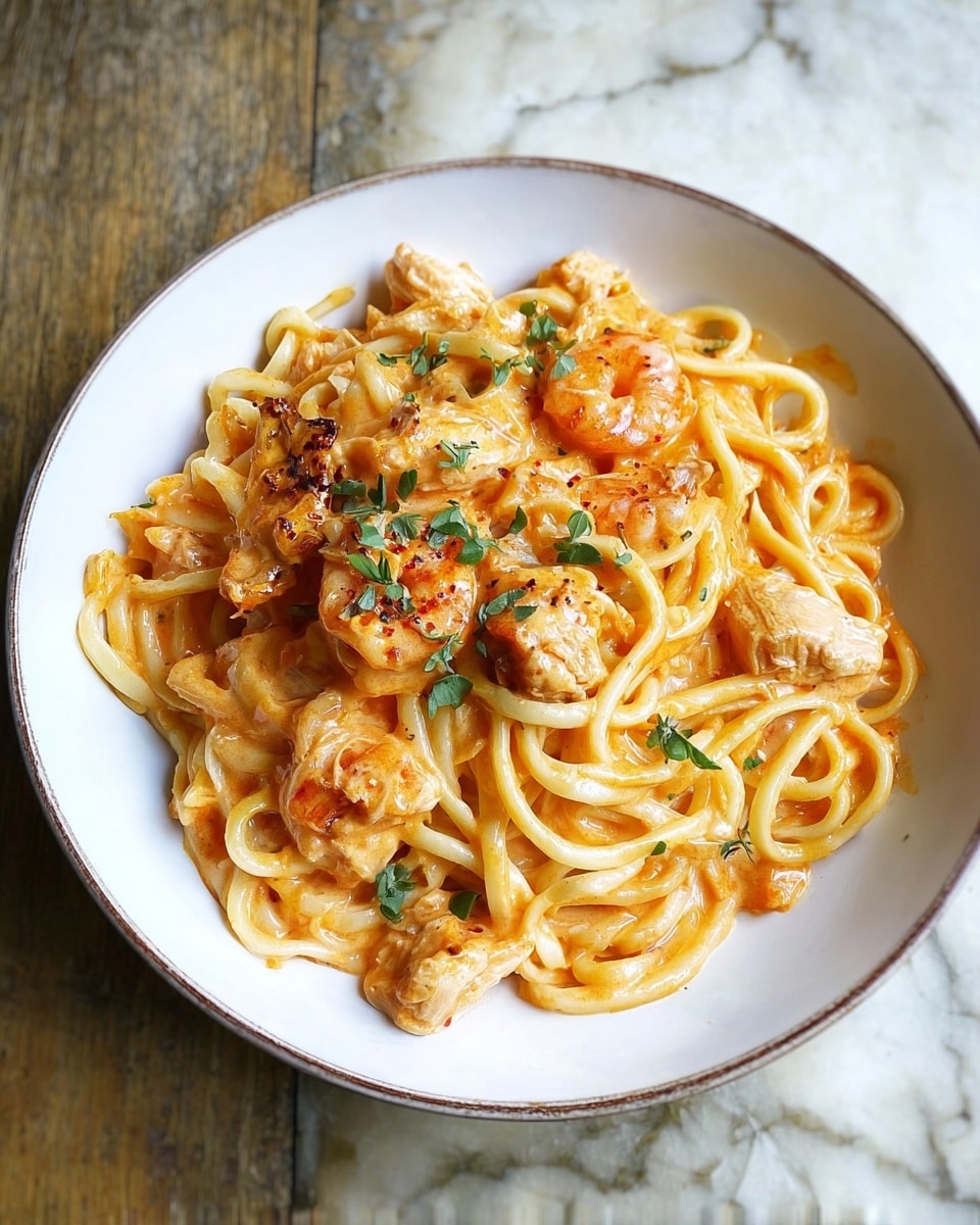 A white plate filled with thick noodles mixed with a creamy orange sauce, scattered with pieces of cooked shrimp and chunks of light golden chicken, garnished with small green herb leaves. The noodles appear soft and slightly twisted, coated evenly in the sauce, while the shrimp have a slightly charred texture. The dish is set on a white marbled surface. photo taken with an iphone --ar 4:5 --v 7