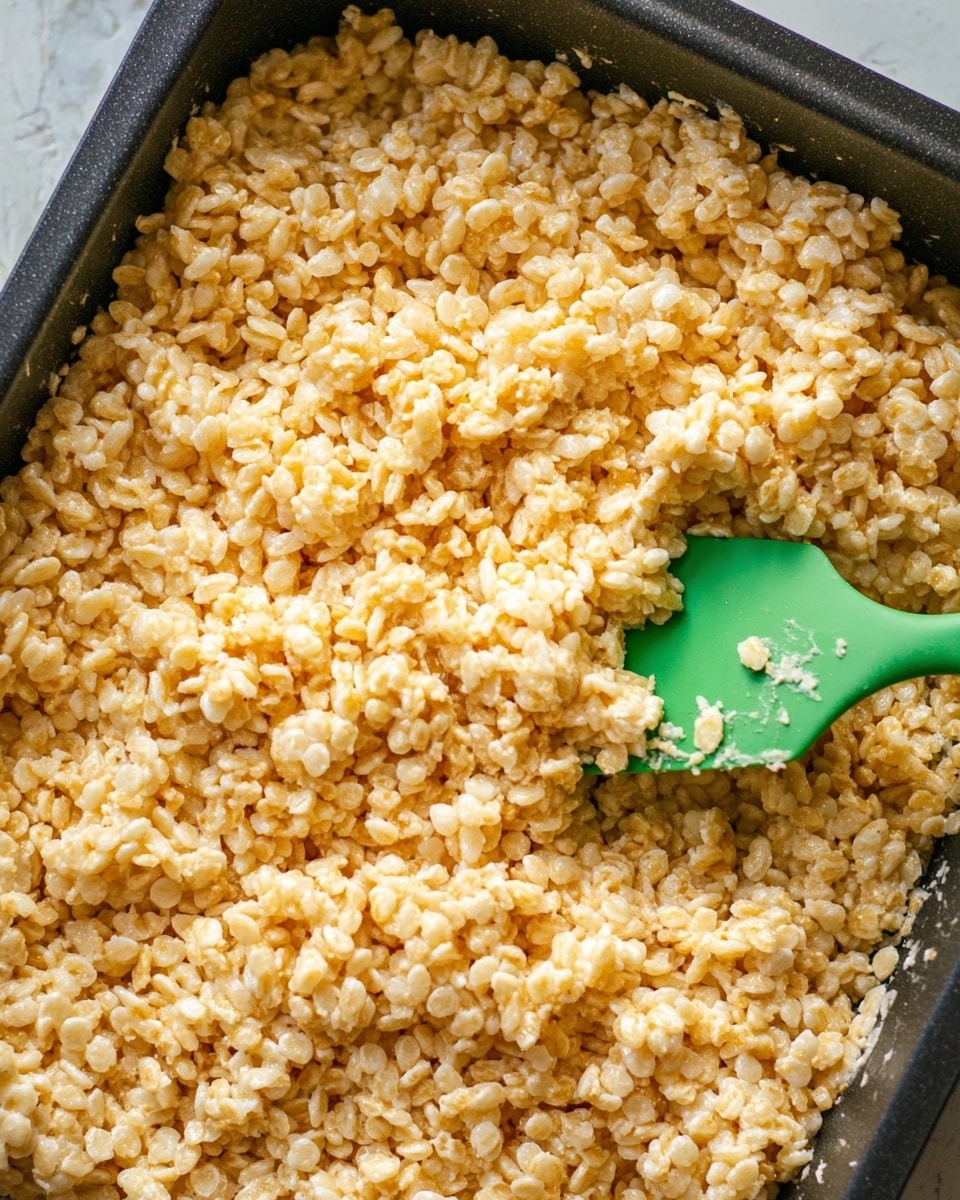 A close-up view of a large black pan filled with light golden and creamy rice cereal treats that form a thick, uneven layer with a sticky texture. A green spatula with some treat mixture clinging to it is resting inside the pan, positioned in the lower right corner. The pan sits on a white marbled surface, and the colors of the cereal treats vary from pale yellow to deeper golden shades, showing a soft and slightly glossy appearance. photo taken with an iphone --ar 4:5 --v 7