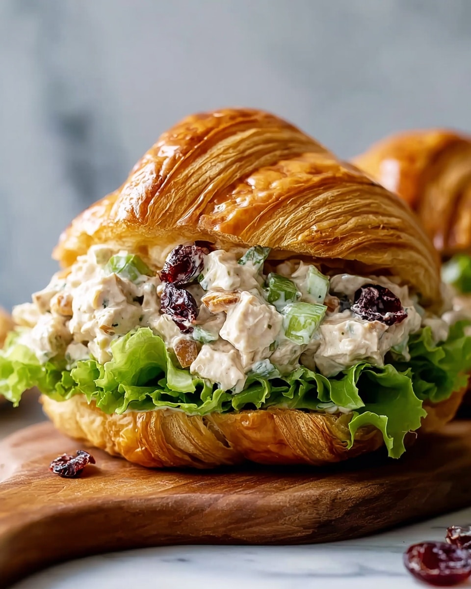 A white woman's hand holds a croissant sandwich with four visible layers: the top layer is a golden brown croissant with a flaky and shiny texture; underneath is a light creamy chicken salad mixed with green celery chunks and dark red dried cranberries; below that is a layer of fresh bright green leaf lettuce with ruffled edges; all resting on the bottom half of the croissant, which is also golden brown and flaky. The background features a blurred white marbled surface, and there is a glass with a light beige drink and a white straw in the background. Photo taken with an iphone --ar 4:5 --v 7