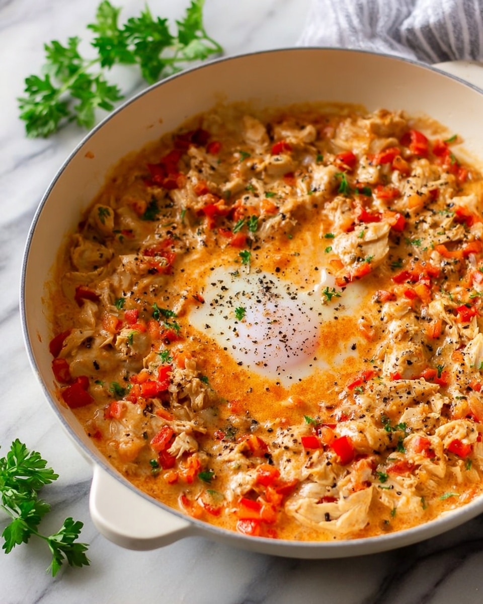A white pan filled with a creamy chicken dish with visible pieces of cooked chicken and finely chopped red bell peppers spread evenly across the surface. In the center, there is a slightly melted egg yolk sitting in a pool of orange sauce, sprinkled lightly with black pepper on top. The texture is rich and smooth with chunks of chicken and small bits of red pepper creating color contrast. The pan rests on a white marbled surface with a sprig of parsley nearby. Photo taken with an iphone --ar 4:5 --v 7