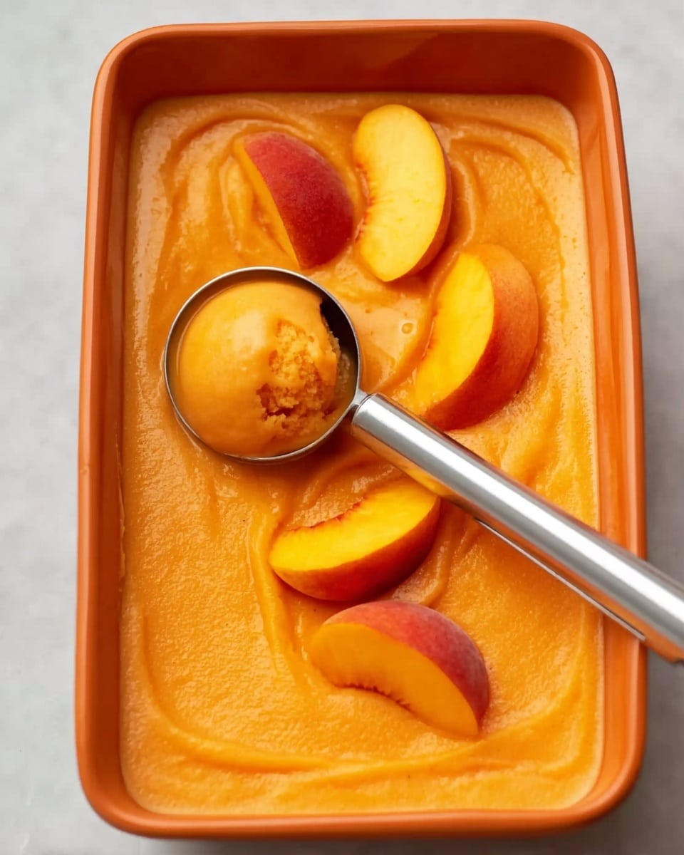 The image shows a close-up of a large scoop of smooth, bright orange peach sorbet being held in a silver ice cream scooper inside a rectangular white dish. Around the scoop, there are four fresh peach slices with red and yellow skin resting on the thick peach sorbet base. The texture of the sorbet looks creamy and slightly icy, while the peach slices have a soft, juicy appearance. The dish sits on a white marbled surface photo taken with an iphone --ar 4:5 --v 7