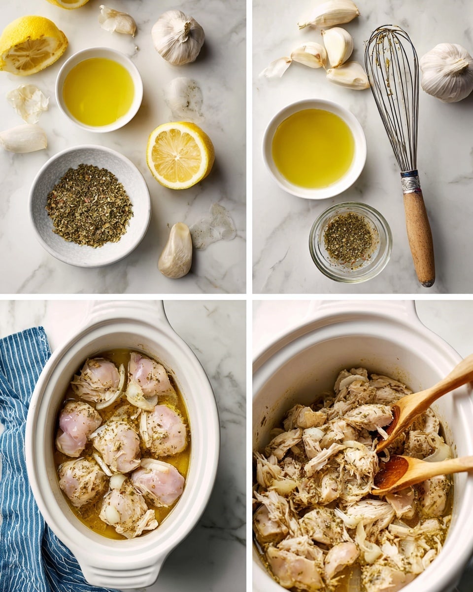 The image shows a four-step cooking process with close-up shots. The first image displays a white oval slow cooker filled with several raw pale pink chicken pieces topped with white onion slices, set on a white marbled surface. The second image shows a white bowl containing a mix of dry green herbs, yellow olive oil, white garlic cloves, and seasonings, with a metal whisk beside it, on the same white marbled background alongside garlic bulbs, lemon slices, and a blue-striped cloth. The third image reveals the slow cooker with cooked, light golden chicken pieces partially covered in a thin layer of sauce and herbs, with a wooden spoon resting inside. The fourth image shows shredded, cooked chicken and onions in the slow cooker, fully coated in sauce with visible herbs, and two wooden utensils stirring the mixture. Photo taken with an iphone --ar 4:5 --v 7