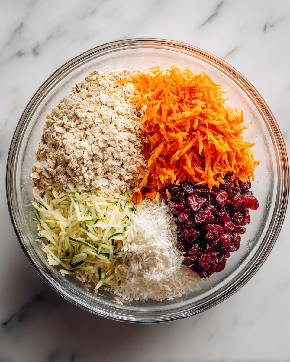 A clear glass bowl is filled with five different layers of ingredients evenly spaced. Starting from the top left, there is a layer of dry oatmeal with a pale beige color and rough texture. Next to it, on the top right, is a bright orange layer of finely shredded carrots with a soft texture. Below the carrots on the right side is a dark red layer of dried craisins with a slightly shiny and wrinkled look. To the bottom right, there is a white layer of shredded coconut with a fluffy texture. Finally, on the bottom left, a pale green layer of shredded zucchini with a moist, stringy texture fills the remaining space. The bowl sits on a white marbled surface. Photo taken with an iphone --ar 4:5 --v 7