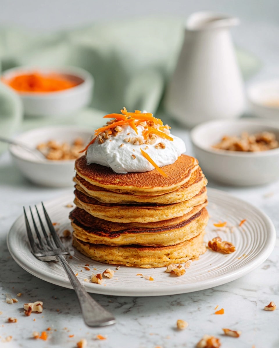 A stack of six golden brown pancakes is placed in the center of a white plate with a subtle textured rim. Each pancake is thick and evenly cooked, with slightly crisp edges and a soft, fluffy texture inside, showing tiny air holes on the side. On top, a generous dollop of white whipped cream is crowned with thin orange carrot shreds and small pieces of chopped nuts for added texture and color. To the side of the plate, a silver fork rests, angled slightly toward the pancakes. The plate is set on a white marbled surface with scattered bits of carrot and nuts around. In the background, slightly blurred, there are white dishes holding extra grated carrots and walnuts, along with a small white jug and a pale green cloth partially visible. Photo taken with an iphone --ar 4:5 --v 7