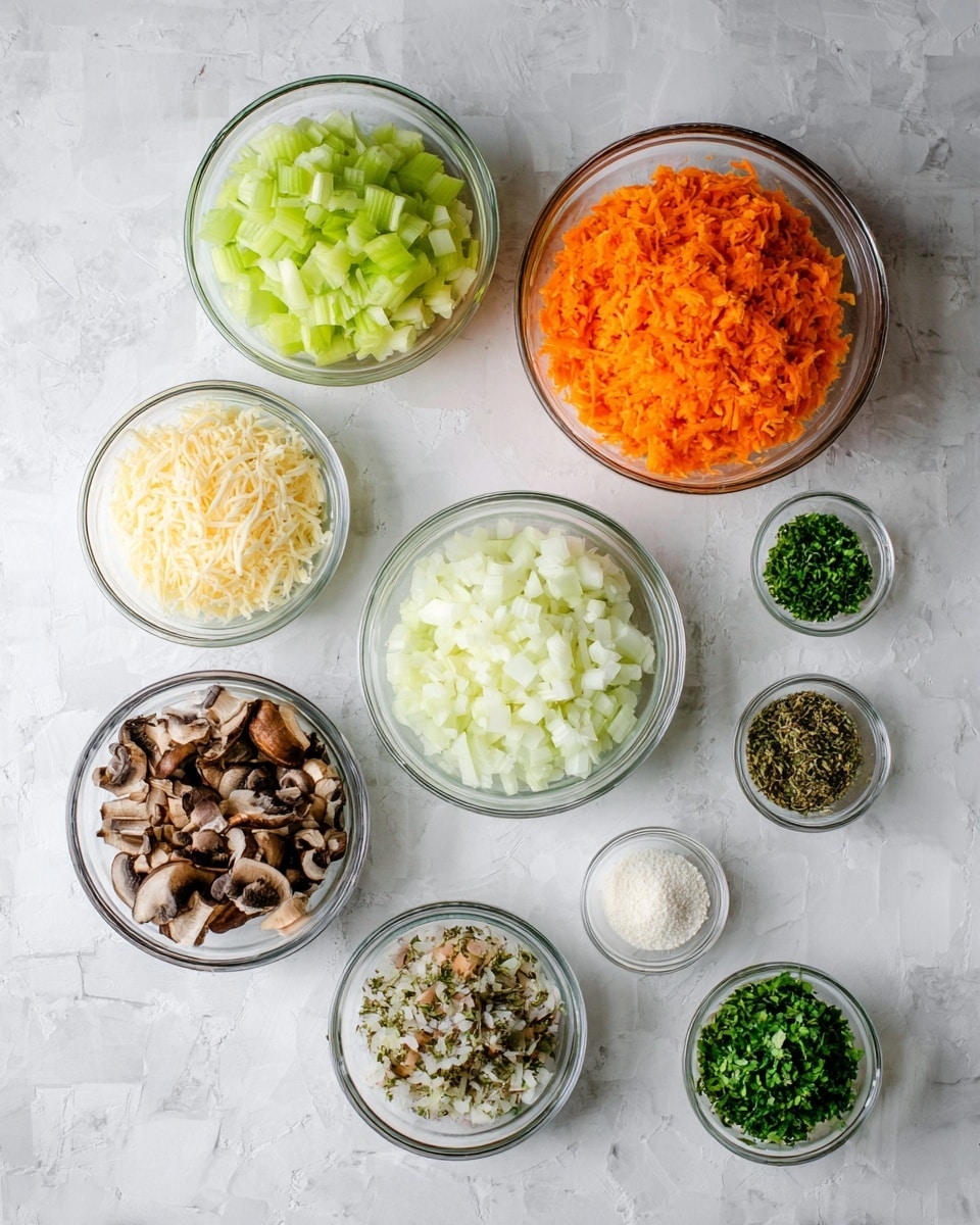 The image shows nine clear glass bowls arranged on a white marbled surface, each holding different finely prepared ingredients. Starting from the top left corner, there is a bowl with chopped light green celery, below it a medium bowl filled with grated pale yellow cheese, and next to it on the left a large bowl containing bright orange grated carrots. Below the cheese is a large bowl with chopped dark brown mushrooms. To the right of the celery are three smaller bowls with different finely chopped or powdered green and brown herbs, placed in a neat row. Below these herbs is a medium bowl filled with finely diced white onions, and to its right, a small bowl with a white powder. At the bottom right corner is another small bowl with finely chopped fresh green herbs. The overall look is clean, organized, and fresh. Photo taken with an iphone --ar 4:5 --v 7