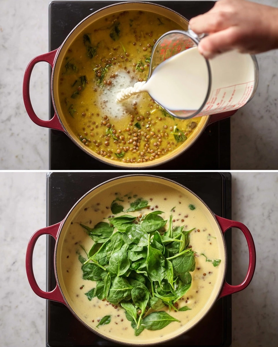 Two images show a cooking pot with food at different stages. The pot is deep red with two handles and sits on a black stove. In the first image, a woman's hand is pouring a thick, light cream-colored liquid from a glass measuring cup into the pot, which contains a yellowish soup with small brown lentils and some chunks. In the second image, the pot holds a creamy light yellow mixture with brown lentils, topped with fresh, bright green spinach leaves scattered unevenly on top. The background is a white marbled texture. Photo taken with an iphone --ar 4:5 --v 7
