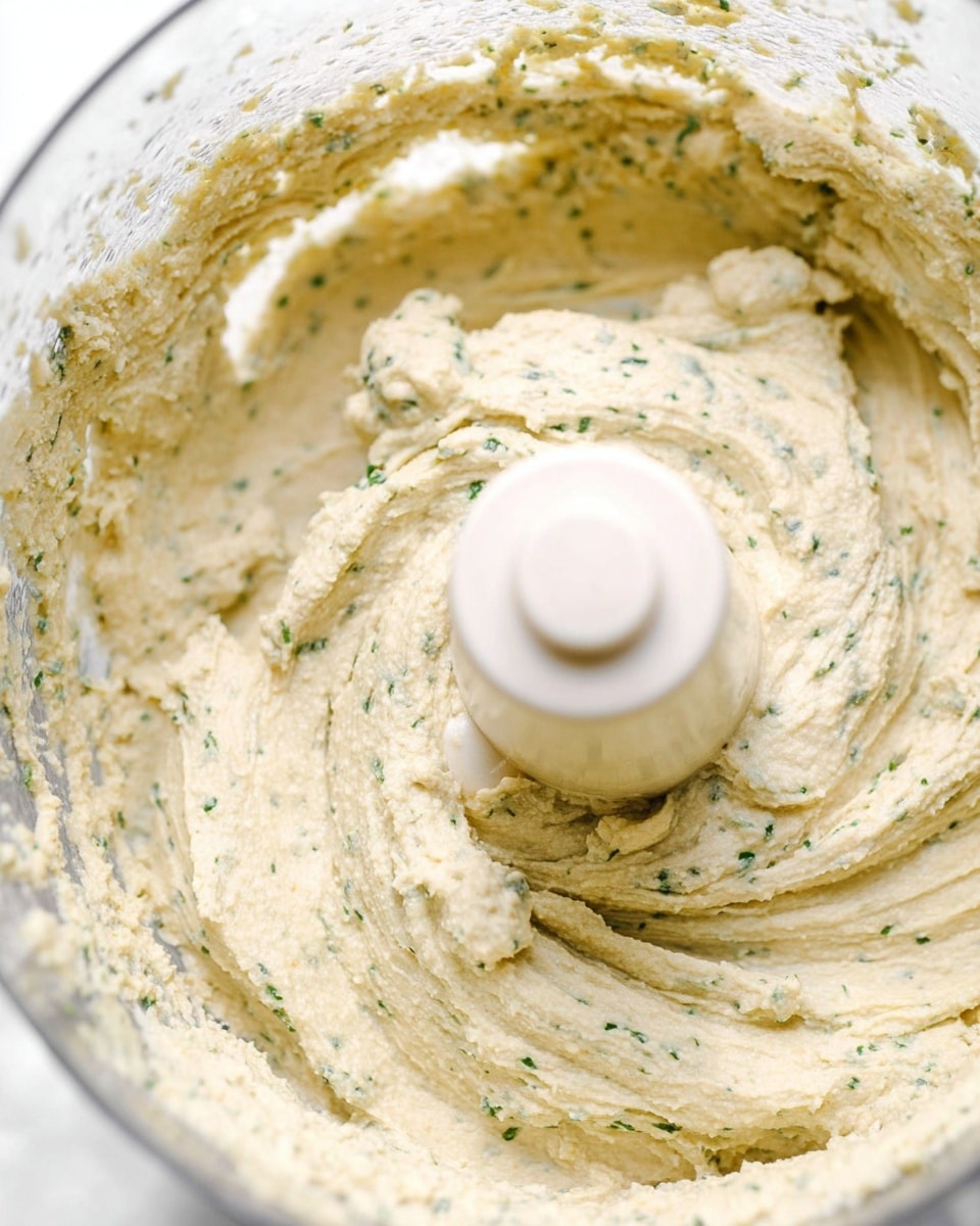 The image shows a close-up of a creamy, thick spread inside a transparent food processor bowl. The spread is light beige with small green herb bits mixed in, giving it a speckled texture. It clings to the sides of the bowl and surrounds a central white plastic mixing blade. The creamy mixture looks smooth but with a slightly uneven surface from being stirred. The background is a white marbled texture. photo taken with an iphone --ar 4:5 --v 7