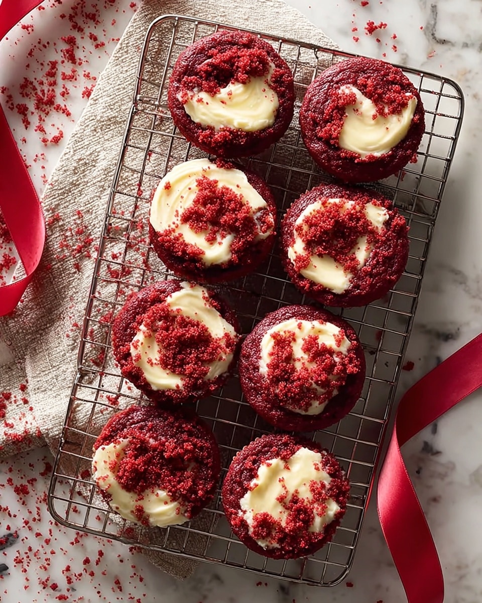 A metal cooling rack holds eleven round red velvet cupcakes arranged closely together, each topped with uneven patches of cream cheese filling peeking through the red crumbly texture; the rack rests on a white marbled surface partly covered by a beige cloth sprinkled with red crumbs, dressed with a loosely curled red ribbon adding a festive touch. photo taken with an iphone --ar 4:5 --v 7