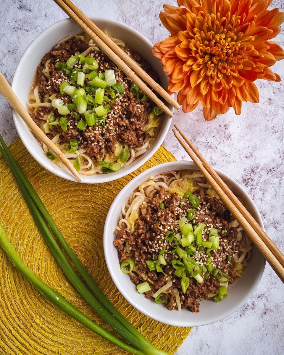 Two white bowls on a white marbled surface hold a dish with three visible layers: at the bottom are thin, light beige noodles, followed by a thick layer of cooked brown ground meat and cabbage, topped with green chopped scallions and white sesame seeds. Each bowl is paired with light wooden chopsticks resting on the rim. The bowls sit on a round woven yellow mat with bright green scallions and a large orange flower beside them. photo taken with an iphone --ar 4:5 --v 7