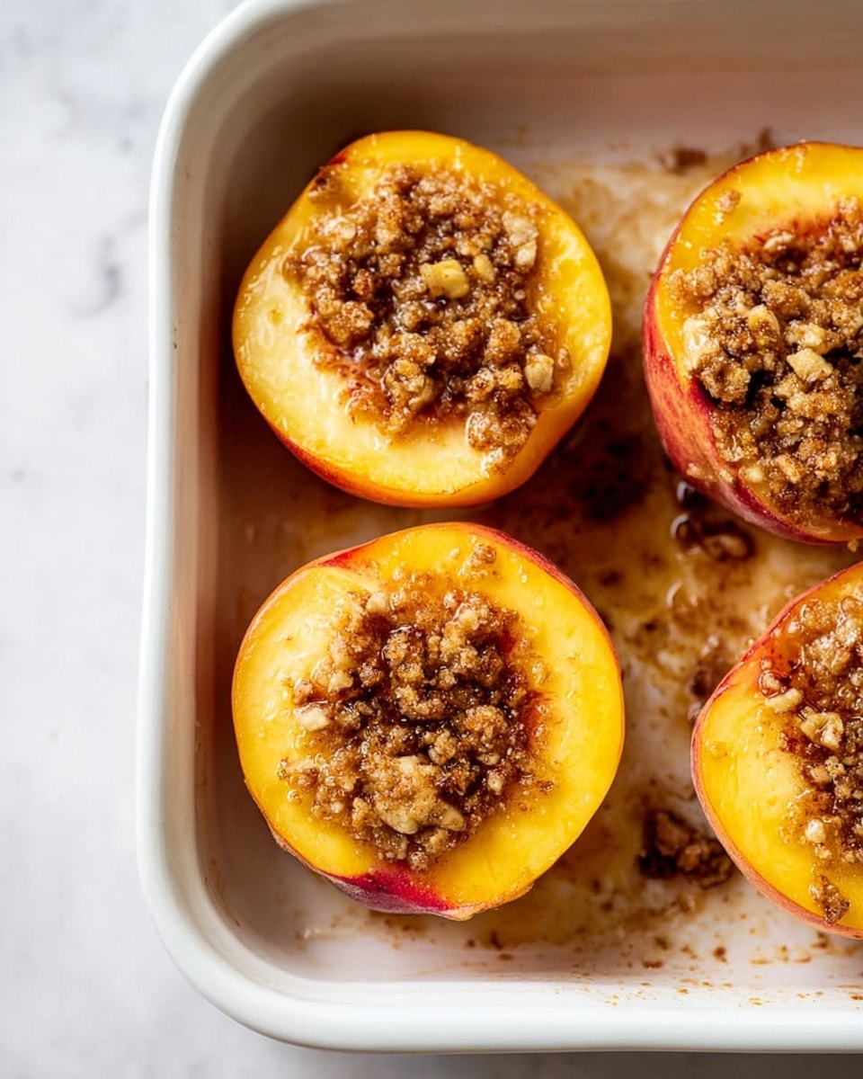 The image shows four peach halves placed inside a white baking dish on a white marbled surface. Each peach half has a golden yellow and reddish skin exterior and is filled with a crumbly brown topping that looks like a mix of sugar, nuts, and spices. The topping has a rough texture with small, uneven pieces and some parts glisten as if moist or caramelized. The peach flesh is slightly soft and warm-toned with hints of orange near the edges. The baking dish has some scattered crumbs and bits of the topping around the peaches. Photo taken with an iphone --ar 4:5 --v 7