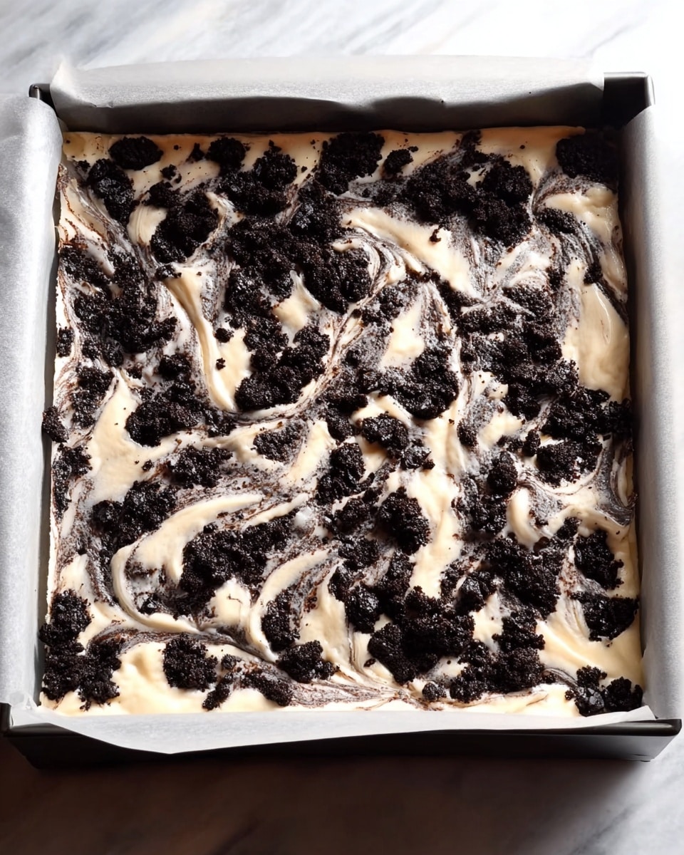 Two thick dessert squares sit on a white plate over a white marbled background. Each square has three layers: the bottom layer is a dark, dense cookie crust; the middle layer is creamy, light yellow cheesecake; and the top layer is unevenly spread black cookie crumbs with a swirled creamy texture in between. One square is tilted, resting against the other, showing the soft inside and crumbly surface. Photo taken with an iphone --ar 4:5 --v 7