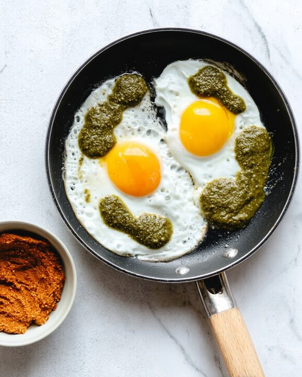 A black pan on a white marbled surface holds two sunny-side-up eggs with bright yellow yolks and white edges, surrounded by several dollops of green pesto sauce. The pan has a light wooden handle extending toward the bottom right. To the lower left of the pan, there is a white bowl with a textured reddish-brown paste inside. The scene is lit softly and looks fresh and clean photo taken with an iphone --ar 4:5 --v 7