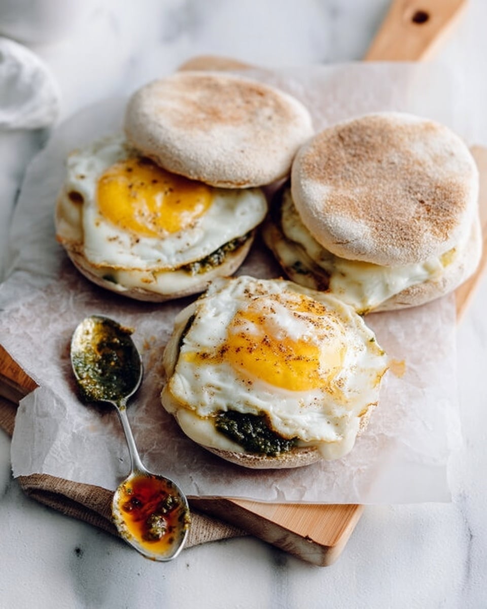 The image shows three English muffins on a piece of clear wax paper, each with multiple layers. The bottom layer is the bottom half of a toasted English muffin, light brown with a grainy texture. On top of this is a layer of melted white cheese, soft and stretched. Above the cheese, there is a fried egg with a bright yellow yolk, and a green herb sauce underneath the egg, adding some dark green color and texture. The top halves of the English muffins, also toasted and grainy, are placed on the side or partially on top, showing the inside soft texture. The muffins and wax paper are on a wooden board, all set on a white marbled surface with a spoon nearby that has some green sauce and a small red stain. Photo taken with an iphone --ar 4:5 --v 7