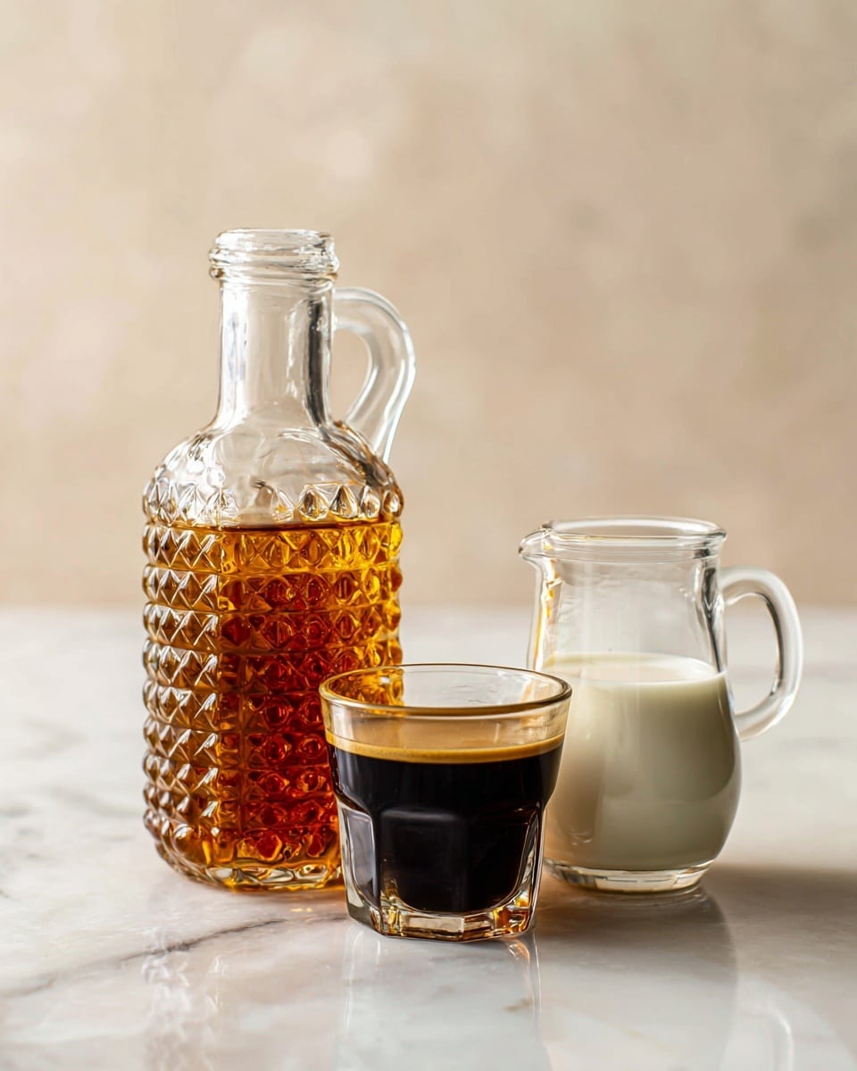 The image shows three clear glass containers placed side by side on a white marbled surface. On the left is a tall, textured glass bottle with a handle and a stopper, filled halfway with amber-colored hazelnut syrup. In the middle is a small clear glass filled halfway with dark brown espresso. On the right is a small clear glass filled with white milk almost to the top. Each glass has small sticky labels in front identifying the contents as
