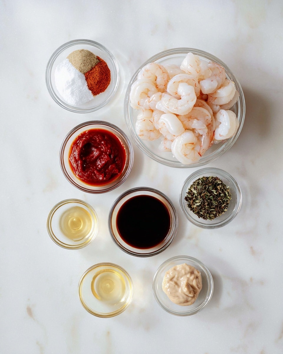 The image shows eight small clear glass and white bowls arranged on a white marbled surface. The largest bowl, placed near the top right, holds a pile of peeled shrimp that are light pink and white with a smooth texture. Surrounding this bowl are seven smaller containers: from top left, a clear bowl with white salt, brown spice, and reddish powder; below it, a clear bowl with thick bright red sauce; to the right, a white bowl with a mix of green and black dried herbs; below that, a clear small bowl with light yellow liquid; on the bottom left, a clear bowl with dark brown soy-like sauce; near the center bottom, a clear bowl with reddish liquid; and lastly on the bottom right, a clear bowl with light beige thick paste. photo taken with an iphone --ar 4:5 --v 7