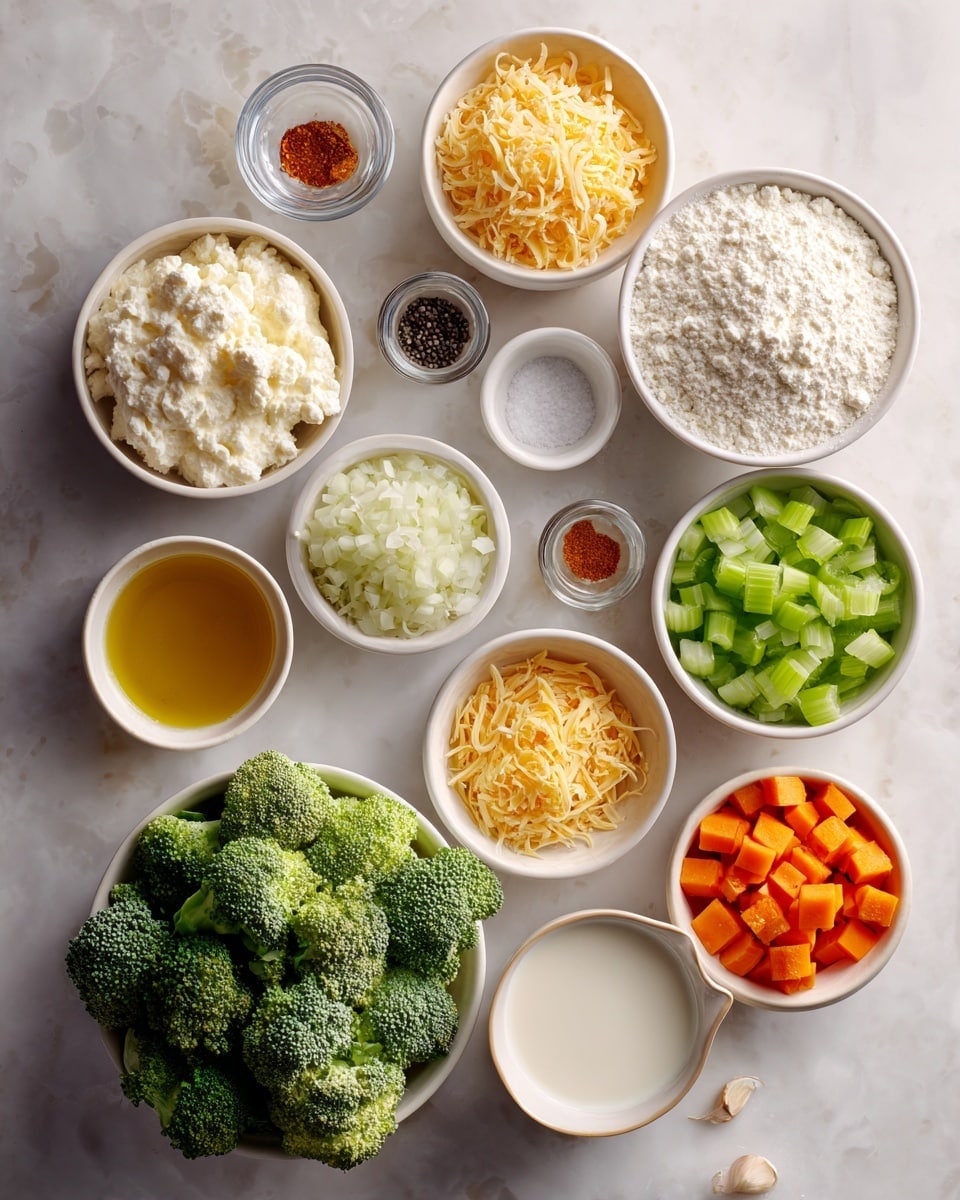 The image shows twelve small white bowls arranged on a white marbled surface. In the center bottom is a bowl with green broccoli florets with textured surfaces. Above and to the right is a bowl filled with soft, white cottage cheese with a creamy texture. To the right is a bowl with white flour that looks powdery. Above that is a bowl with shredded cheddar cheese in shades of pale yellow and orange. To the top left is a bowl of pale chopped onions with a slightly translucent look. To the right of that is a bowl of green celery pieces, cut into small cubes. A bowl of small, chopped bright orange carrot cubes is near the center bottom left. There is a small bowl of smooth, golden olive oil near the top left, with smaller bowls filled with ground black pepper, white salt, and reddish paprika arranged nearby. Additional small clear bowls contain three garlic cloves and a pale yellow vegetable broth. A bowl of white milk is near the center. The labels for each ingredient float above or beside each bowl in clear text. The photo taken with an iphone --ar 4:5 --v 7