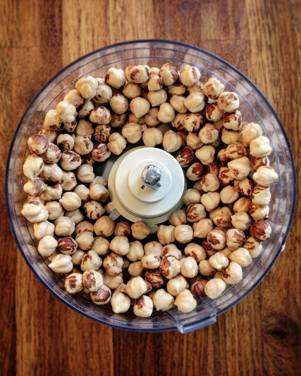 A clear round food processor bowl filled with a single layer of light brown hazelnuts with some darker spots, evenly spread around the center plastic blade, all placed on a wooden surface. The hazelnuts have a smooth, slightly shiny texture. Photo taken with an iphone --ar 4:5 --v 7