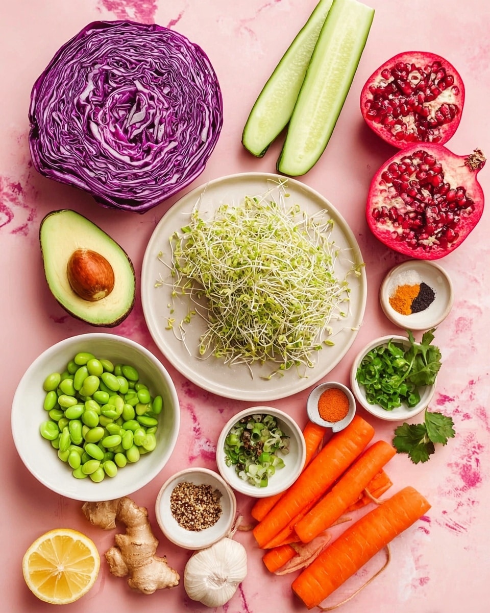 The image shows a bright and fresh arrangement of vegetables and ingredients on a pink background with a white marbled texture. There is a large white plate in the center holding a pile of light green and white sprouts. Surrounding this plate are fresh and raw items including a halved avocado with a brown seed, two long light green cucumber slices arranged vertically, and a cluster of bright green edamame beans in a white bowl with black specks. There is also a white bowl with small chopped green onions, a bunch of fresh cilantro leaves, two whole orange carrots, a small white plate holding spices (black pepper, turmeric powder), a lemon half, garlic cloves, and a piece of ginger root. On the left side, there is a large slice of purple cabbage and a bright red bell pepper near two large pomegranate halves with visible seeds. Photo taken with an iphone --ar 4:5 --v 7