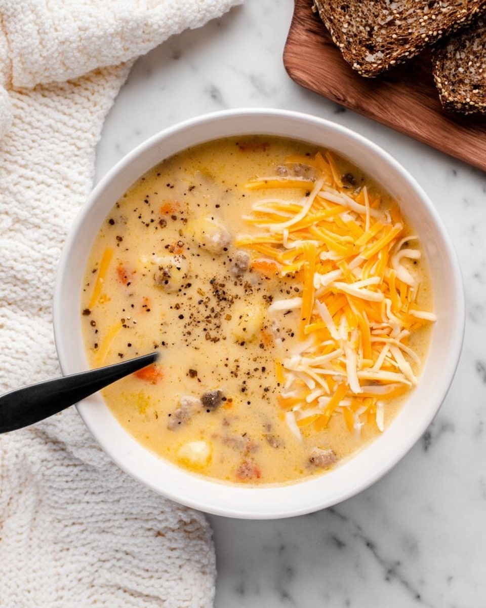 A white bowl filled with creamy soup that has a light yellow color mixed with small pieces of meat and vegetables. One side of the soup is sprinkled with black pepper, and on the other side, there is a pile of shredded cheese in white and orange shades. A black spoon is partially dipped into the soup on the peppered side. The bowl is placed on a white marbled surface with a white knitted cloth nearby and pieces of dark brown bread with seeds on a small wooden board above the bowl. Photo taken with an iphone --ar 4:5 --v 7