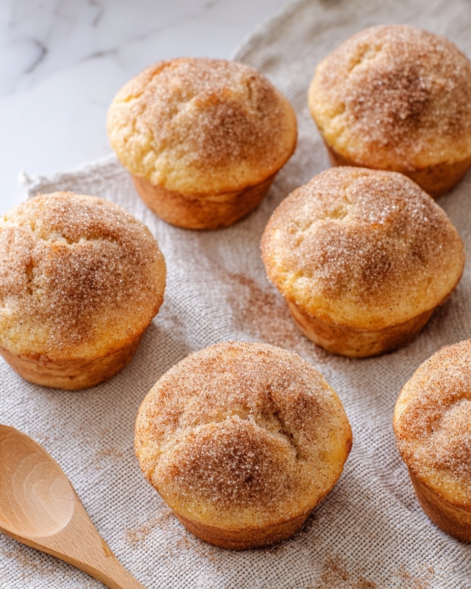 A single golden muffin with a lightly speckled cinnamon sugar topping sits in the center of a speckled white ceramic plate, accompanied by a silver fork on the right side of the plate. Behind it, four more muffins with the same golden brown tops rest on a metal cooling rack, placed on a light beige cloth. To the left of the plate is a clear glass filled with white milk, and further back, a small white bowl containing a brown cinnamon sugar mixture is visible. The entire scene is set on a white marbled surface with a soft, neutral background, creating a warm and inviting atmosphere. photo taken with an iphone --ar 4:5 --v 7