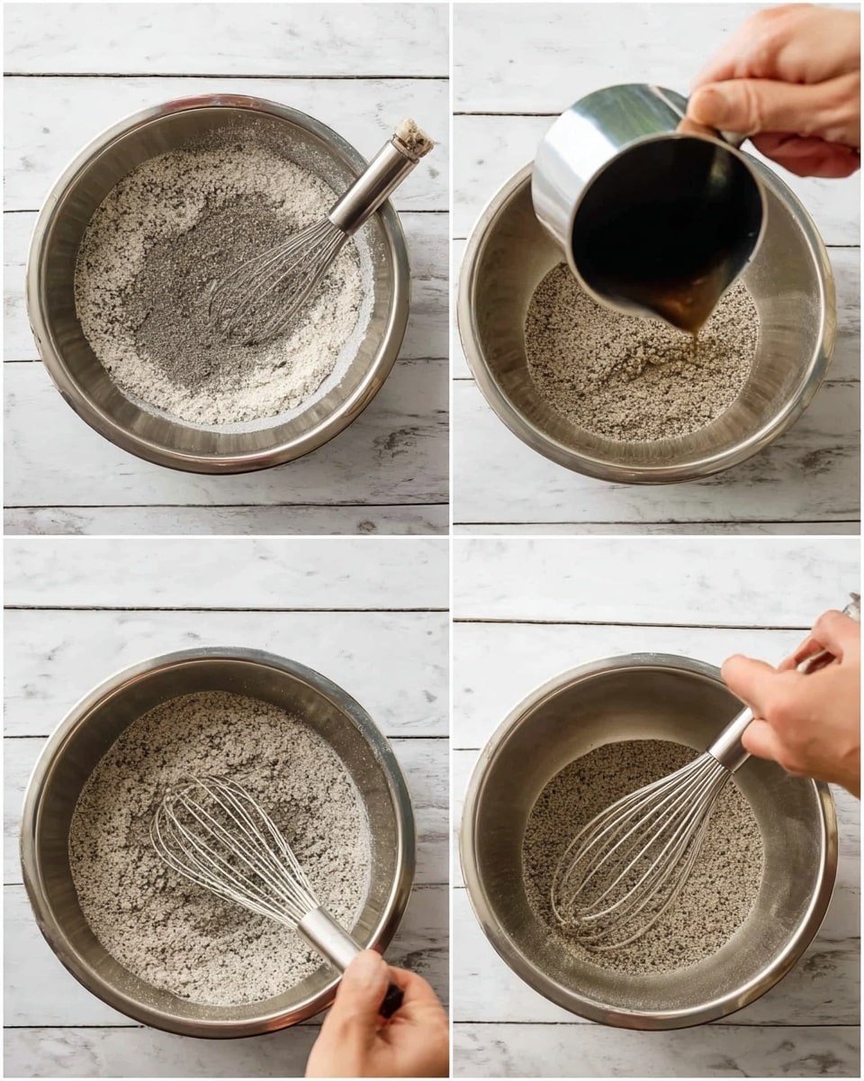 A collage of four images shows the process of mixing ingredients in a silver metal bowl on a white marbled surface. The first image shows dry white and black speckled powder in the bowl with a whisk and a measuring spoon next to it. The second image shows the powder being stirred with a fork, creating a rough texture. The third image shows a woman's hand pouring a dark liquid from a metal cup into the bowl while holding the whisk inside. The last image shows the mixture being stirred by the woman's hands holding the whisk, blending the dark liquid evenly with the powder, forming a speckled grayish mixture. Photo taken with an iphone --ar 4:5 --v 7