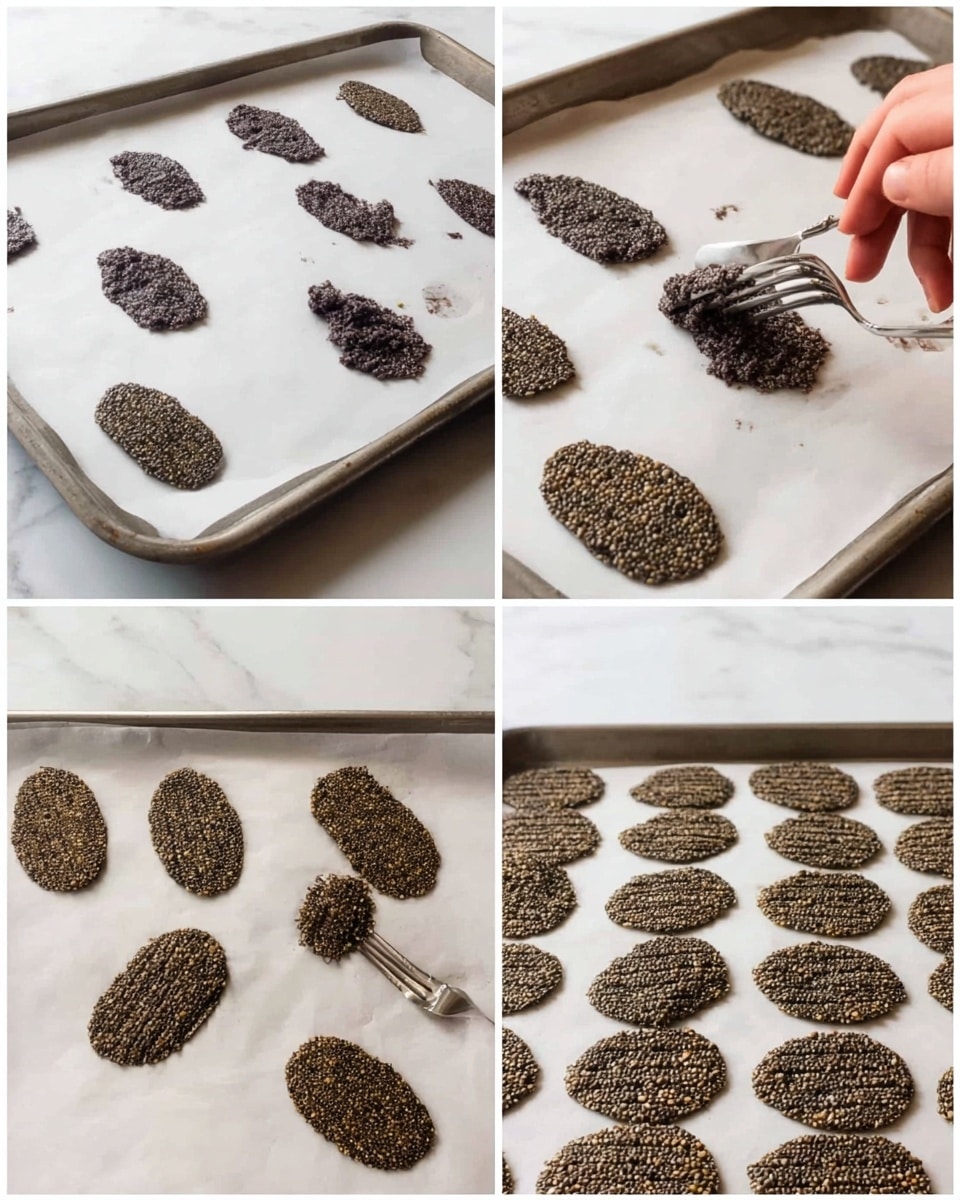 The image shows four steps of making small, flat, dark brown seed crackers on a baking tray lined with white parchment paper. In the first and second parts, small dollops of dark brown mixture with visible seeds are placed in uneven round and oval shapes spread out on the parchment. In the third part, a woman's hand is using a fork to flatten and shape a cracker, showing the rough texture and small seeds inside. The final part shows the crackers all pressed flat with fork marks creating pattern lines; the crackers are irregular shapes varying in size, all lying on white parchment on a white marbled surface. Photo taken with an iphone --ar 4:5 --v 7