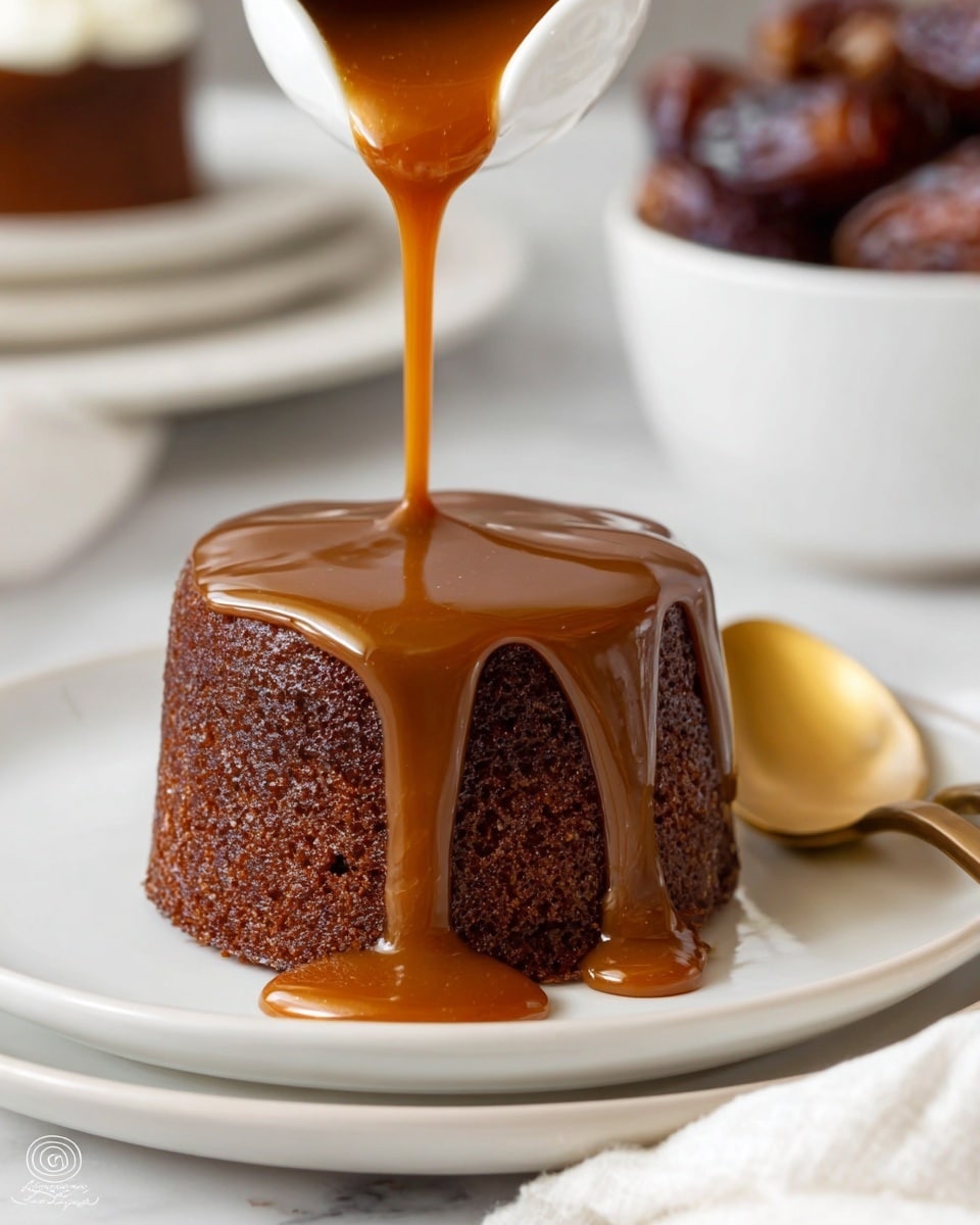 A small, round chocolate cake sits in the center of a white plate with soft, moist texture visible on the sides. A golden-brown sauce is being poured from above, thick and glossy, slowly dripping over the top edge and down the sides, pooling slightly at the base on the plate. The background shows a white marbled texture with a blurred bowl of dates and another dessert in the distance. A golden spoon rests on the plate’s right side, and a white cloth is partly visible near the spoon. Photo taken with an iphone --ar 4:5 --v 7
