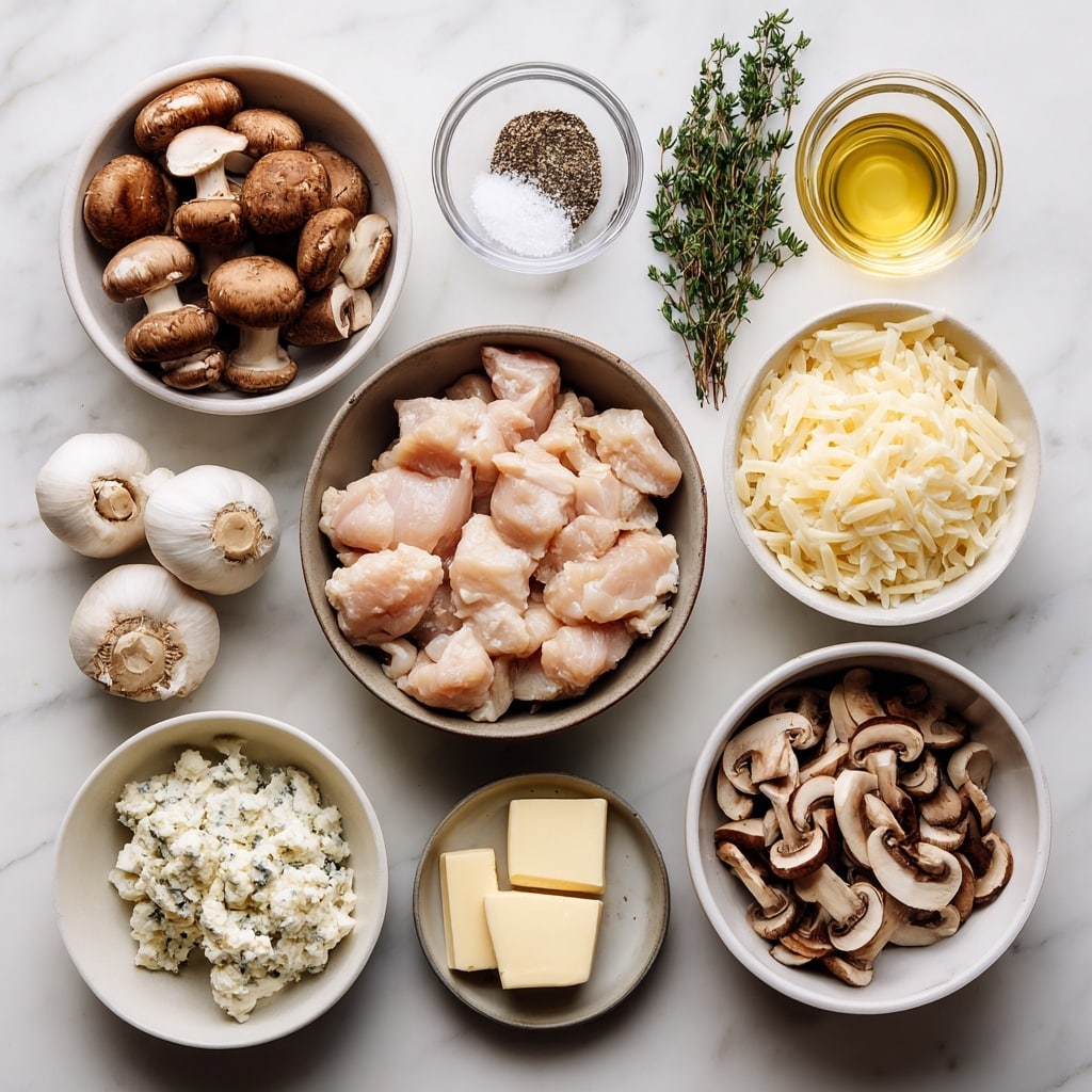 A large black pot filled with creamy light beige soup containing small pieces of mushrooms and herbs floating on top. A wooden spoon with a worn handle is resting in the soup, partially submerged, stirring the mixture. Around the pot on a white marbled surface, there are sprigs of fresh green herbs, torn pieces of crusty bread, and two clear glasses filled with a light yellow drink. The scene is softly lit, giving a warm and inviting feeling. Photo taken with an iphone --ar 4:5 --v 7