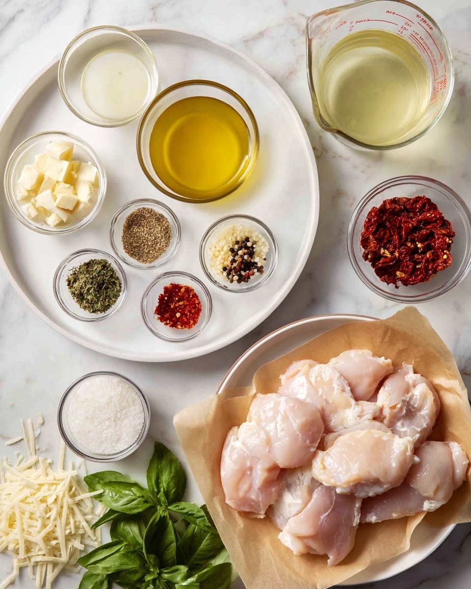The dish shows a close-up of cooked pieces of chicken covered in a thick, creamy orange sauce with visible small red tomato chunks and green herbs scattered on top. The chicken pieces have a browned and slightly crispy texture with a melted cheese or seasoning layer on them. Green fresh basil leaves are placed on top of the chicken and scattered around in the sauce. The food is in a large white pot with a bit of sauce splashed on the sides. The background surface is white marble. photo taken with an iphone --ar 4:5 --v 7