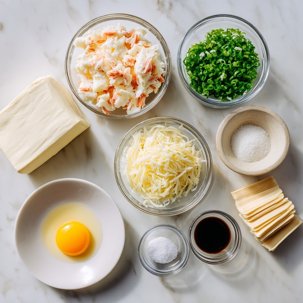 The image shows several small clear glass bowls and one white plate with ingredients arranged neatly on a white marbled surface. There is one large bowl filled with diced imitation crab, a slightly smaller bowl with shredded pale yellow mozzarella, and another small bowl with bright green chopped green onions. Next to these are tiny bowls containing white granulated sugar, minced light yellow garlic, and dark soy sauce. A small round bowl holds a raw egg with a bright yellow yolk and clear whites. On the left side, a white plate holds a big block of smooth cream cheese, and on the right side, a flat rectangular package with light beige puff pastry sheets is placed. Photo taken with an iphone --ar 4:5 --v 7