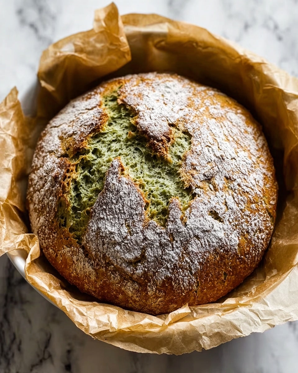 A white plate holds two slices of green bread with an airy, soft texture and a crusty, golden-brown edge, positioned on the left side of the plate. Next to the slices, on the right side, is a larger portion of the loaf with a dark brown crust dusted with white flour. In the top left corner, a small white bowl contains finely chopped green herbs. The whole scene is set on a white marbled surface. photo taken with an iphone --ar 4:5 --v 7