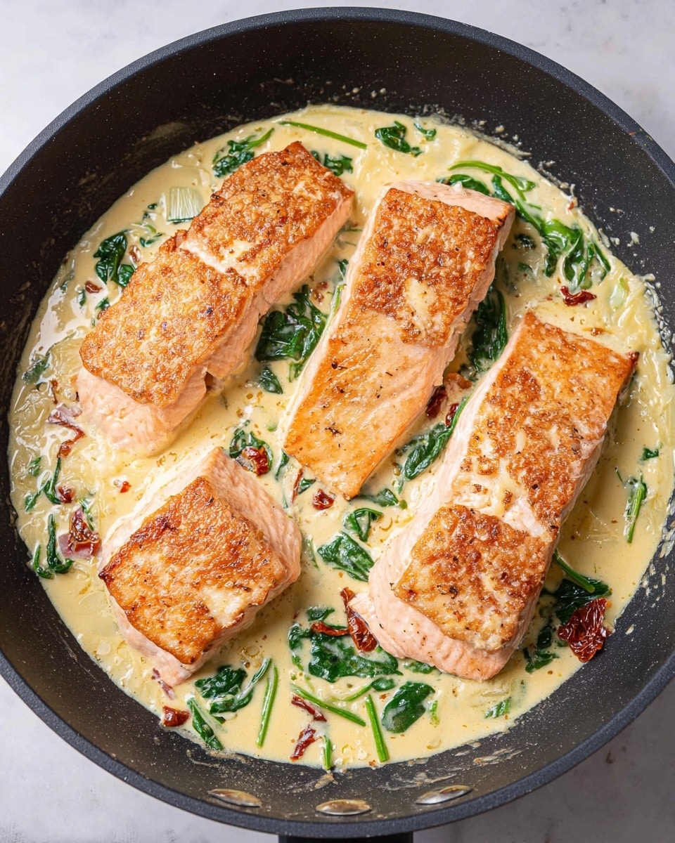 A black pan holds four pieces of cooked salmon fillets, each with a light golden brown crust on top, arranged with one piece more centered and the others around it. The salmon sits in a creamy light yellow sauce with visible green spinach leaves and small pieces of red sun-dried tomatoes mixed throughout. The sauce has a smooth and slightly thick texture that fills the base of the pan, contrasting with the textured surface of the salmon. The pan is placed on a white marbled surface. photo taken with an iphone --ar 4:5 --v 7