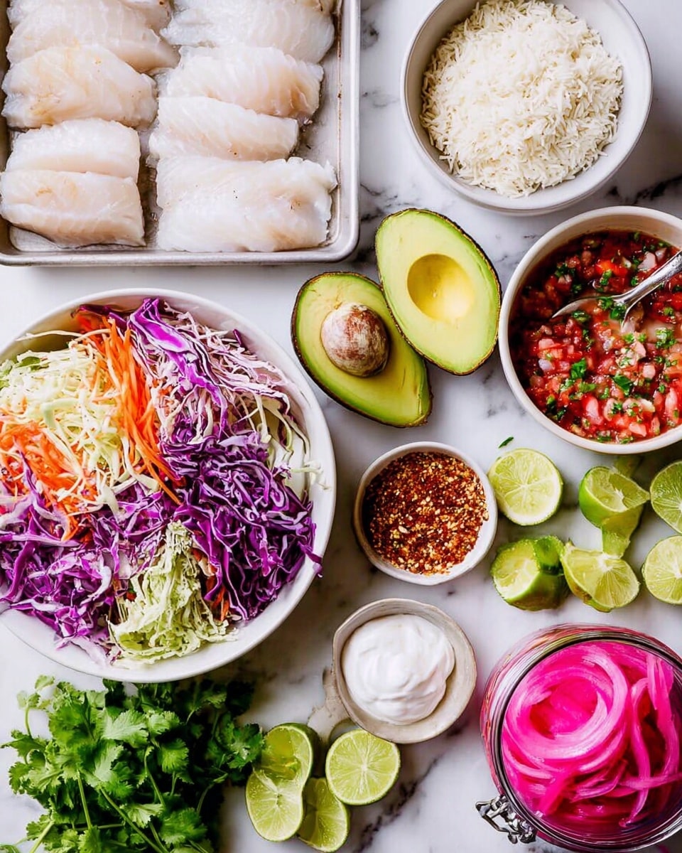 The image shows an overhead view of various fresh ingredients on a white marbled surface. There is a tray with raw white fish fillets in the top left, next to a small white bowl filled with uncooked rice. Below is a large white bowl filled with a mix of shredded red and green cabbage, and orange carrot strips. Two avocados are placed centrally, one whole and one halved showing the seed and green flesh. To the right, a small white bowl contains a chunky red salsa with green herbs, and a spoon inside. Next to it are many lime wedges scattered around the surface, along with a small bowl of reddish seasoning and a bowl of fresh green cilantro leaves. On the top right, there is a small jar with bright pink pickled onions and a white bowl with sour cream. The entire setup is clean and colorful. photo taken with an iphone --ar 4:5 --v 7