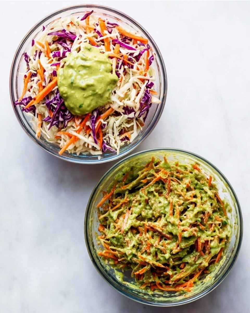 The image shows two clear glass bowls on a white marbled surface, each filled with colorful salad ingredients. The left bowl has a base layer of shredded white and purple cabbage and thin orange carrot strips, topped with a smooth, green creamy dressing in the center. The right bowl contains the same shredded cabbage and carrot mix but fully mixed with the green dressing, giving everything a slightly glossy texture and combined colors of green, orange, purple, and white. The bowls are round and the ingredients are fresh and vibrant. Photo taken with an iphone --ar 4:5 --v 7