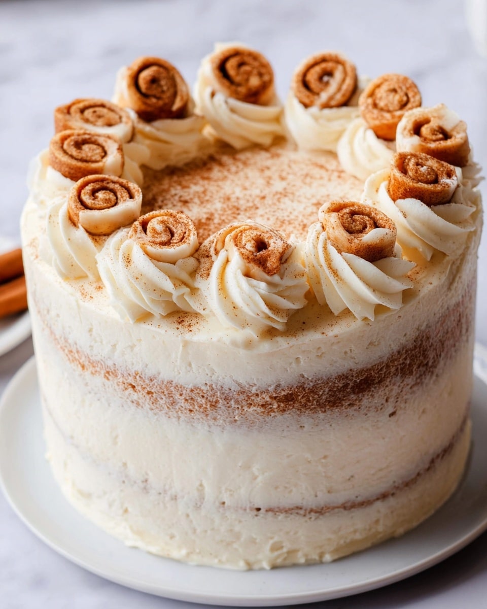 A tall round cake with two visible layers of light brown sponge separated by a thick layer of white cream frosting with a slightly grainy texture. The outside is coated with a smooth layer of white frosting that allows some sponge color to show through. On top, there is a border of white cream swirls evenly spaced around the edge, each topped with a small cinnamon roll with a golden-brown swirl pattern. A light dusting of cinnamon powder is sprinkled over the top surface of the cake. The cake sits on a simple white plate on a white marbled surface. Photo taken with an iphone --ar 4:5 --v 7