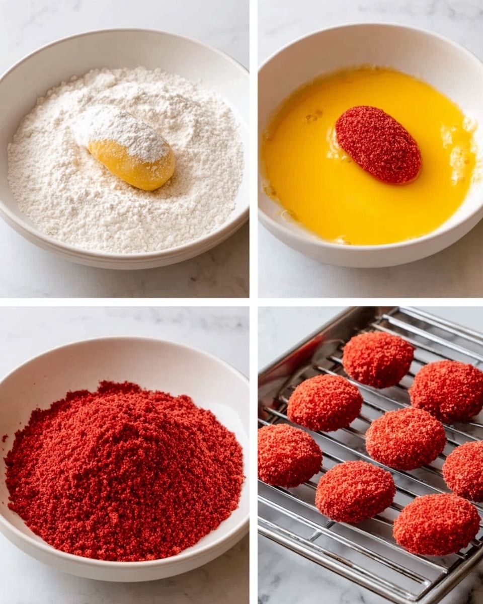 The image shows four white bowls arranged in a grid on a white marbled surface, each with a different food layer. The top left bowl is filled with white flour with a small roll dipped in it resting on the surface. The top right bowl contains a yellow, smooth, and slightly frothy beaten egg mixture with the same small roll partially covered by the eggs. The bottom left bowl is filled with bright red crumbs that look coarse and cover the surface fully. The bottom right shows a small metal rack holding red crumb-coated rolls placed evenly on it, ready to be cooked. photo taken with an iphone --ar 4:5 --v 7