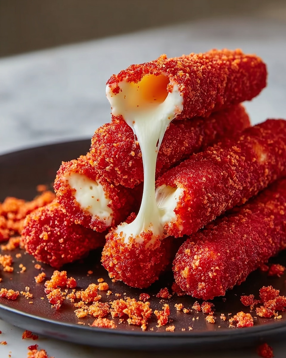 A close-up image shows a pair of woman's hands pulling apart a bright red crispy snack, revealing stretchy melted cheese inside. The snack is covered with a rough, crumbly red coating. Around the hands, there is a white bowl with a creamy white dipping sauce, sitting on a white marbled surface. More of the red-coated snacks are arranged around the bowl, filling the scene. The woman's nails are painted dark red. photo taken with an iphone --ar 4:5 --v 7