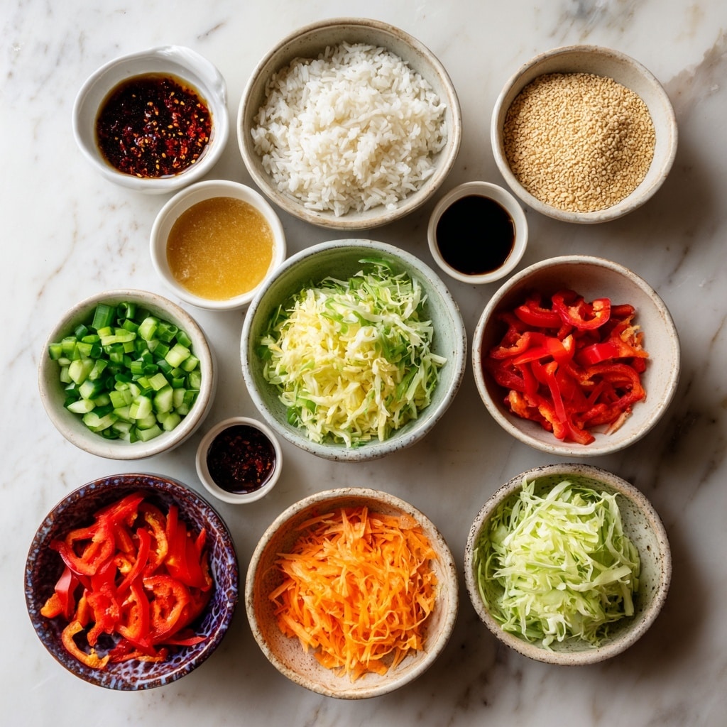 A close-up view of a dark gray bowl filled with a colorful rice salad. The dish has several visible layers including reddish-brown cooked rice mixed with small green cucumber pieces, bright red pepper strips, and thin, curly purple cabbage. There are white sesame seeds sprinkled on top, adding a small speckled texture. A gold fork holds a bite of the salad showing all these colors and textures together. The bowl sits on a white marbled surface. photo taken with an iphone --ar 4:5 --v 7