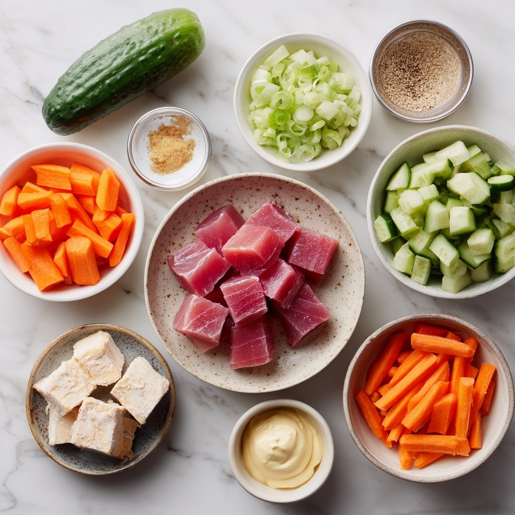 A woman's hand holds a sandwich with two thick layers of white creamy filling mixed with small pieces of light pink fish and green vegetables, all wrapped in a dark, almost black seaweed. Between the two filling layers, thin slices of green avocado are visible. The sandwich is placed over a white plate with subtle speckled patterns, all set against a white marbled surface. photo taken with an iphone --ar 4:5 --v 7